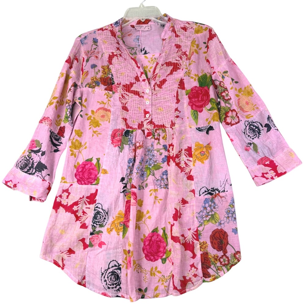 Vintage Goa Womens S Pink Floral Tunic Pintuck Cotton Boho Patchwork Top Rolltab - Picture 1 of 13